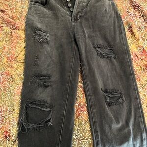 Black Distressed High-Rise Straight Button-Fly Jeans